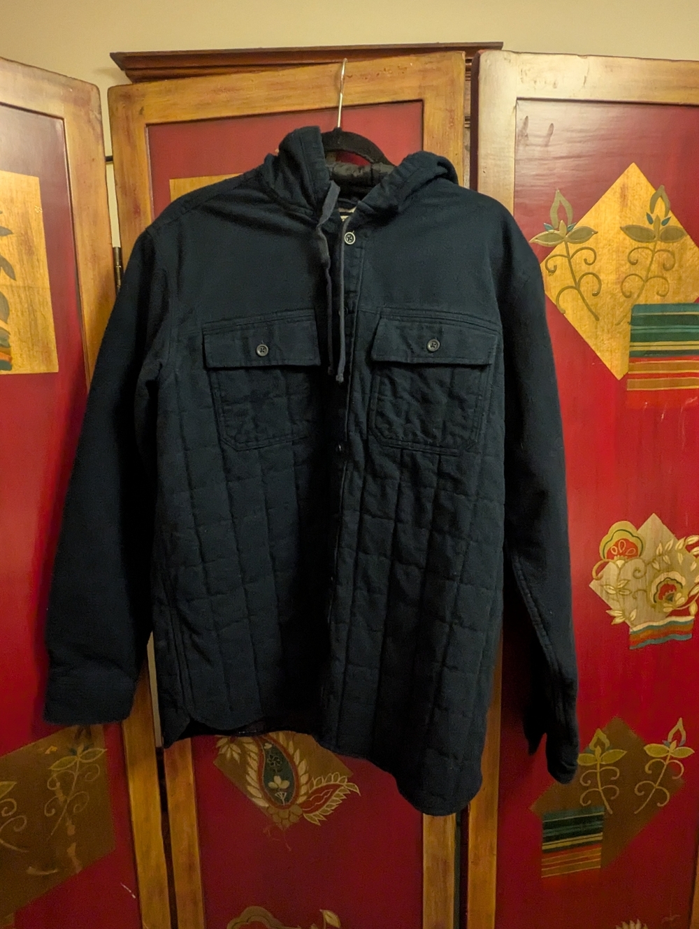 LL Bean Barn Chore Jacket Quilted Mens L Navy Blue Lined Hood Workwear Outdoor